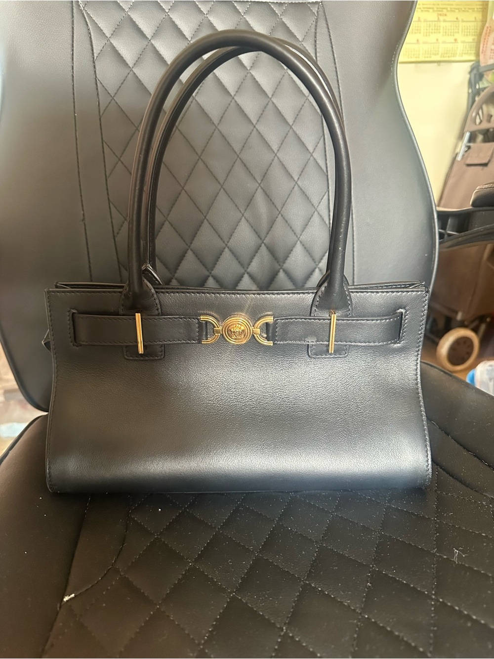 Versace Medusa 95 Black Leather Top-Handle Tote with Gold Medallion
